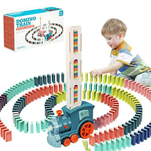 Colorful Electric Domino Train Set with 60Pcs Building Blocks for Kids Children Fun