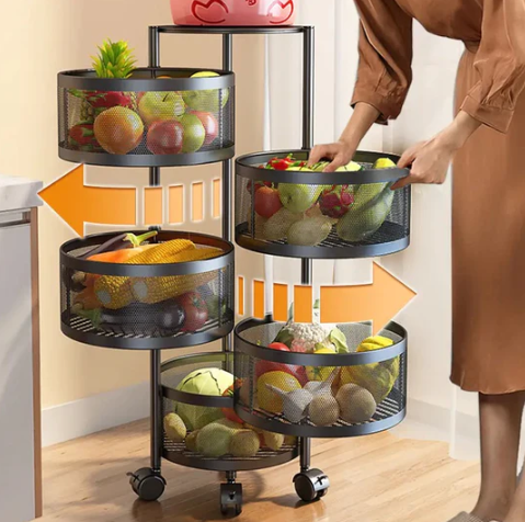 4 Layer Round Basket Kitchen Rotating Metal Storage Cages With Wheels Cart
